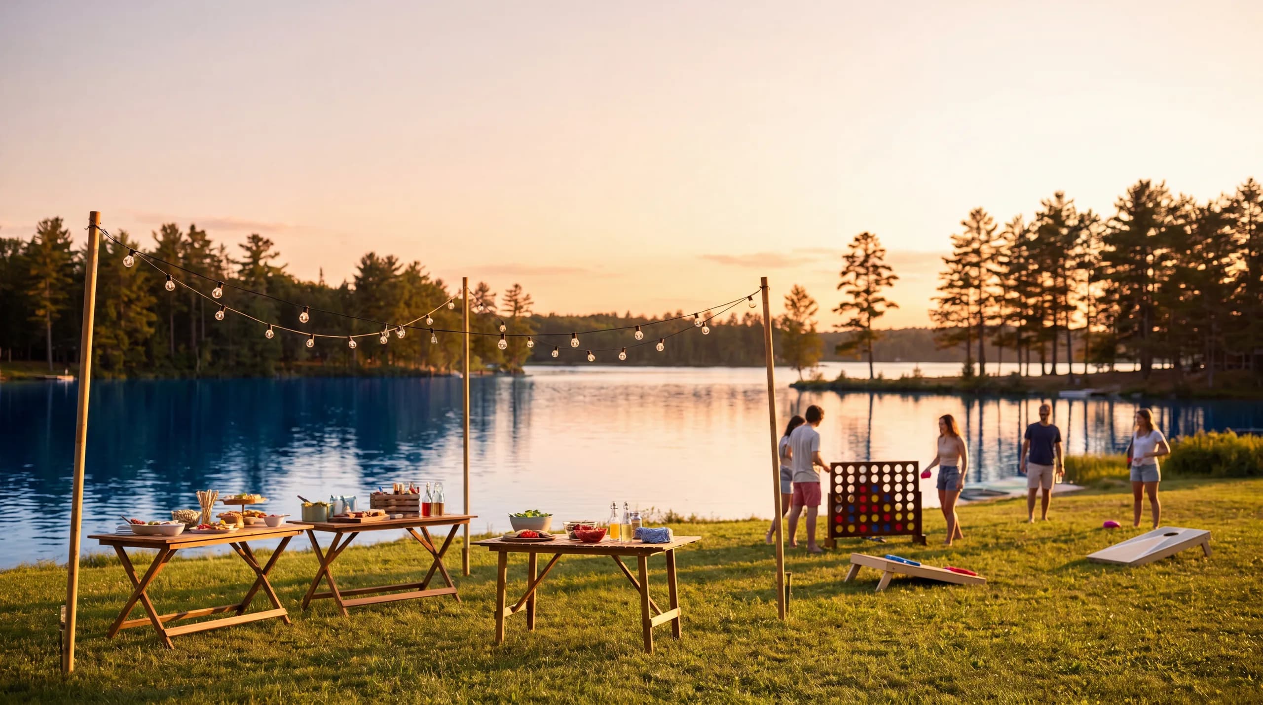 A lakeside backyard party with yard games and lounge seating